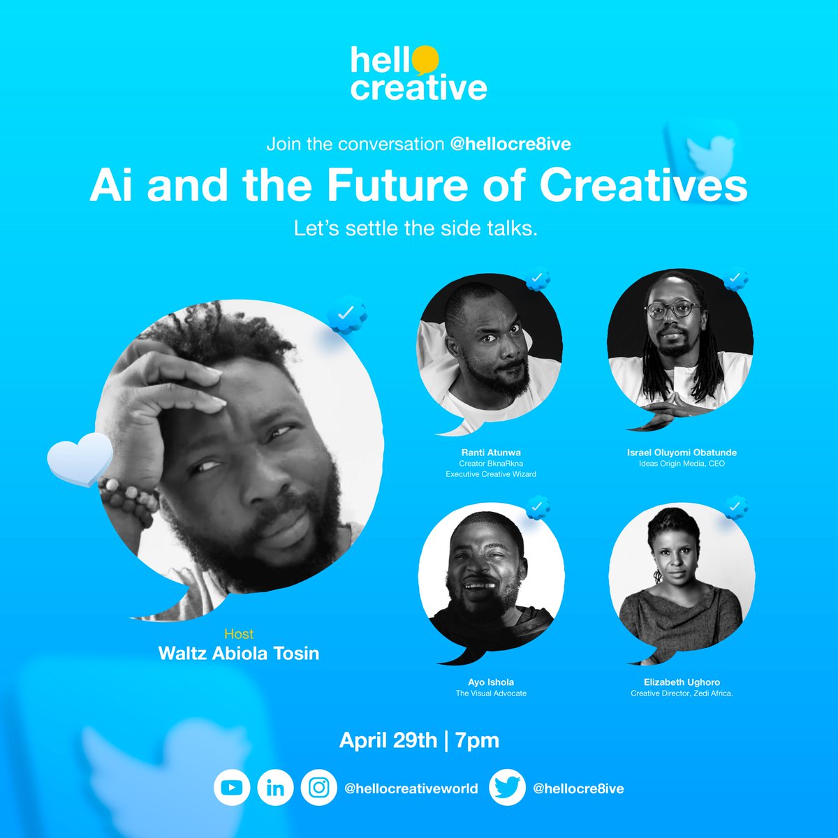 hellocre8ive's tweet photo. Join the Conversation!

"AI and the Future of Creatives" Happening 7pm today.
Set reminder👇🏼:  https://t.co/4Or8JRJq1l

#TwitterSpace #creative #ai #Artificial_Intelligence #OpenAI #midjourney #Marketing #advertising #agency #Copywriting #design #art https://t.co/mpSCwfvchm