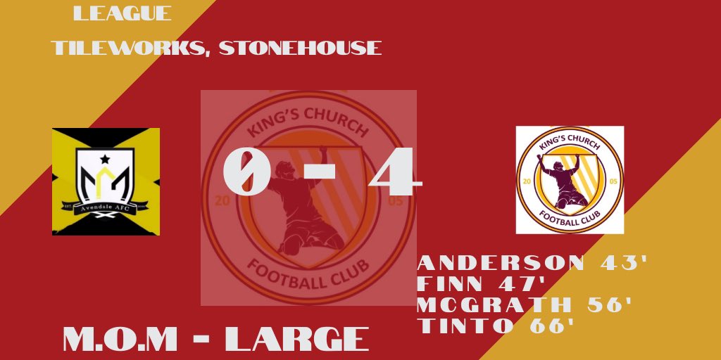 A tight game to start both teams having chances. A goal just before half-time and what a finish as well from <a href="/TeeAndersonX/">thomasanderson</a>. Second half seen us scoring early and adding another couple soon after. 

Credit to <a href="/AvendaleAFC/">Avendale AFC</a> for the making it a tight 1st half and all the best to them