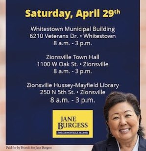 JaneForZville's tweet photo. EARLY VOTING TODAY FROM 8AM-3 PM. SEE LOCATIONS BELOW. VOTE FOR A PROVEN LEADER!  VOTE JANE BURGESS! #janeforzvillemayor #earningyourvote https://t.co/mTiwehWnqa