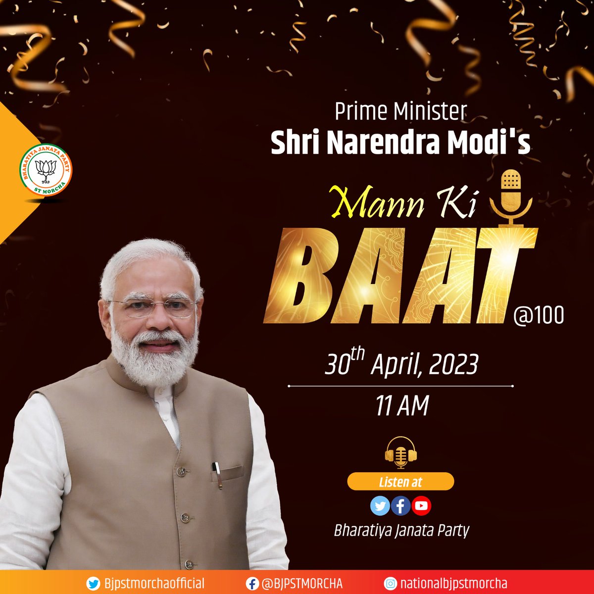 BJPSTMORCHA's tweet photo. Tune into PM Shri Narendra Modi’s Mann Ki Baat @100 (100th episode) on 30th April at 11 AM. 
Listen live at All Social Media Platforms of @BJP4India

#MannKiBaat #MannKiBaatAt100 https://t.co/ZVvE3rwpeY