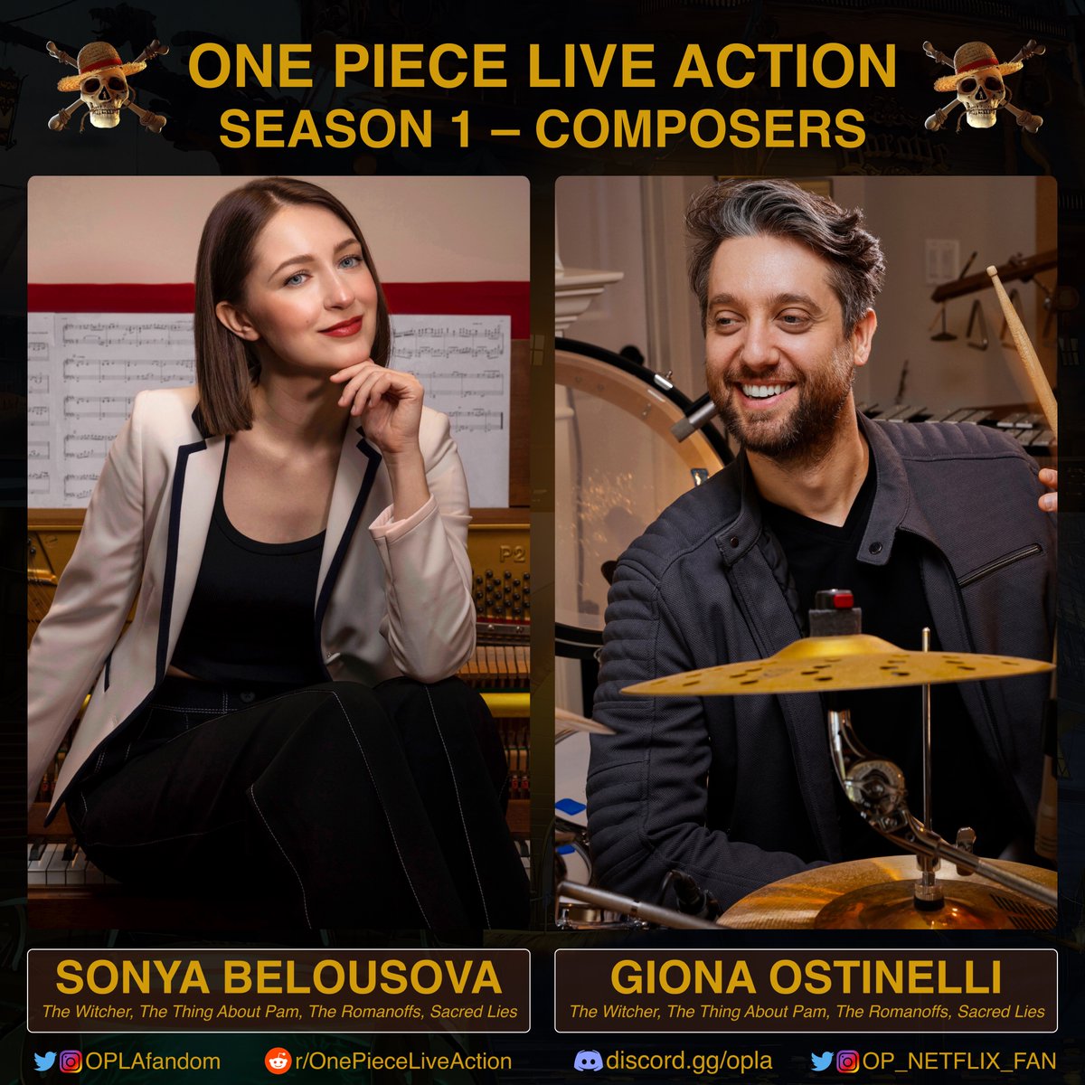 OP_Netflix_Fan's tweet photo. Sonya Belousova and Giona Ostinelli are the Composers for One Piece Live Action. They previously worked with Netflix on 'The Witcher'. https://t.co/uQrguAOmof