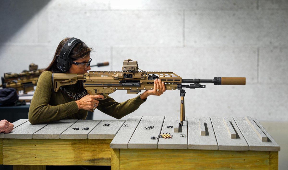 NikkiHaley's tweet photo. Making sure our military has the equipment they need to keep us safe is a priority. @SigSauerInc is keeping them on the cutting edge. Thank you for letting us check out the latest. #LiveFreeOrDie https://t.co/DlmBFq9LED