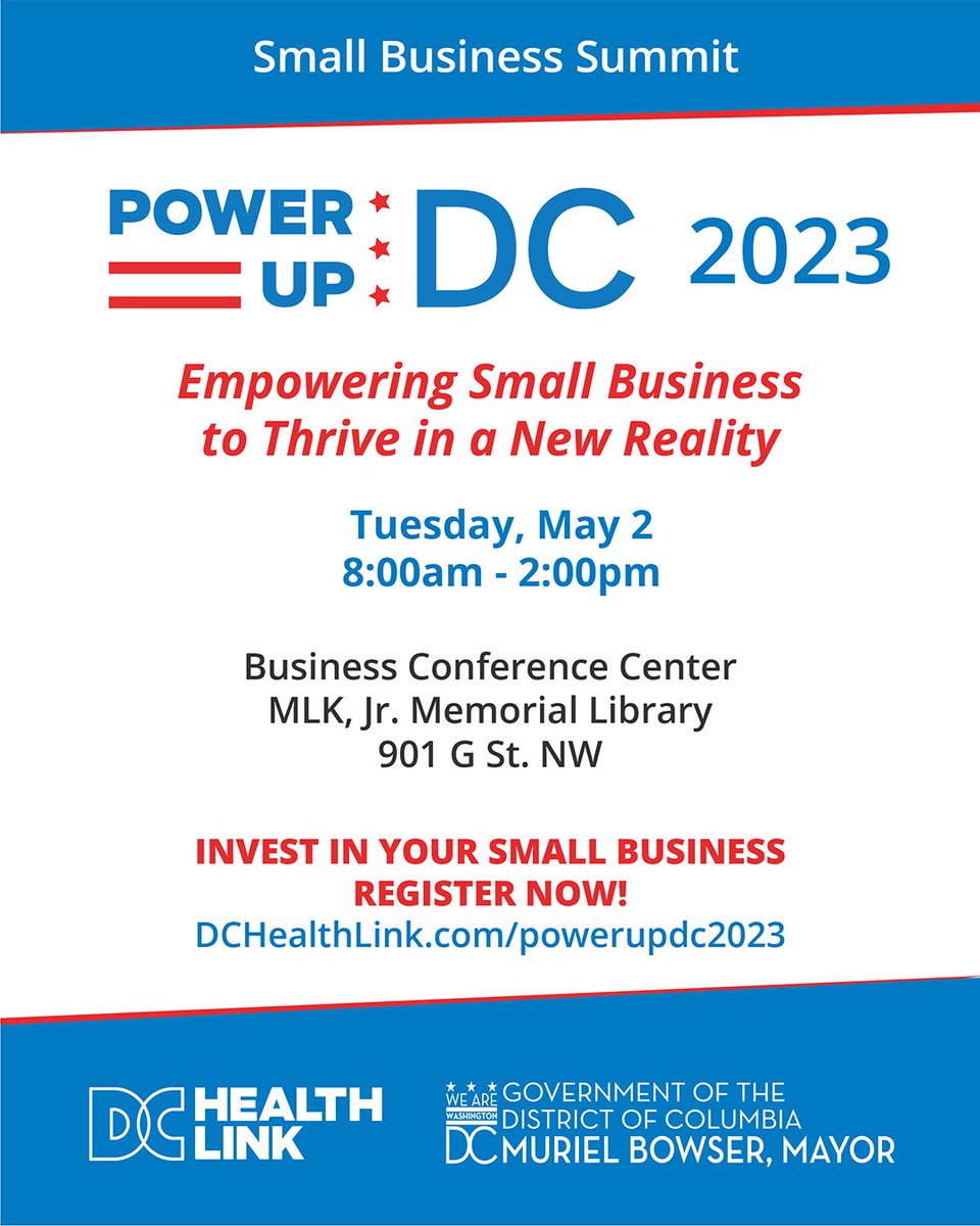 SmallBizDC's tweet photo. #POWERUPDC 2023: Empowering Small Business to Thrive in a New Reality is Tuesday, May 2 from 8am - 2pm at the MLK, Jr. Memorial Library! Join us to learn about access to capital, networking opportunities, latest #business trends &amp; more 📈

➡️ Register now! https://t.co/kuDQF17KD7 https://t.co/aesBpYmNia