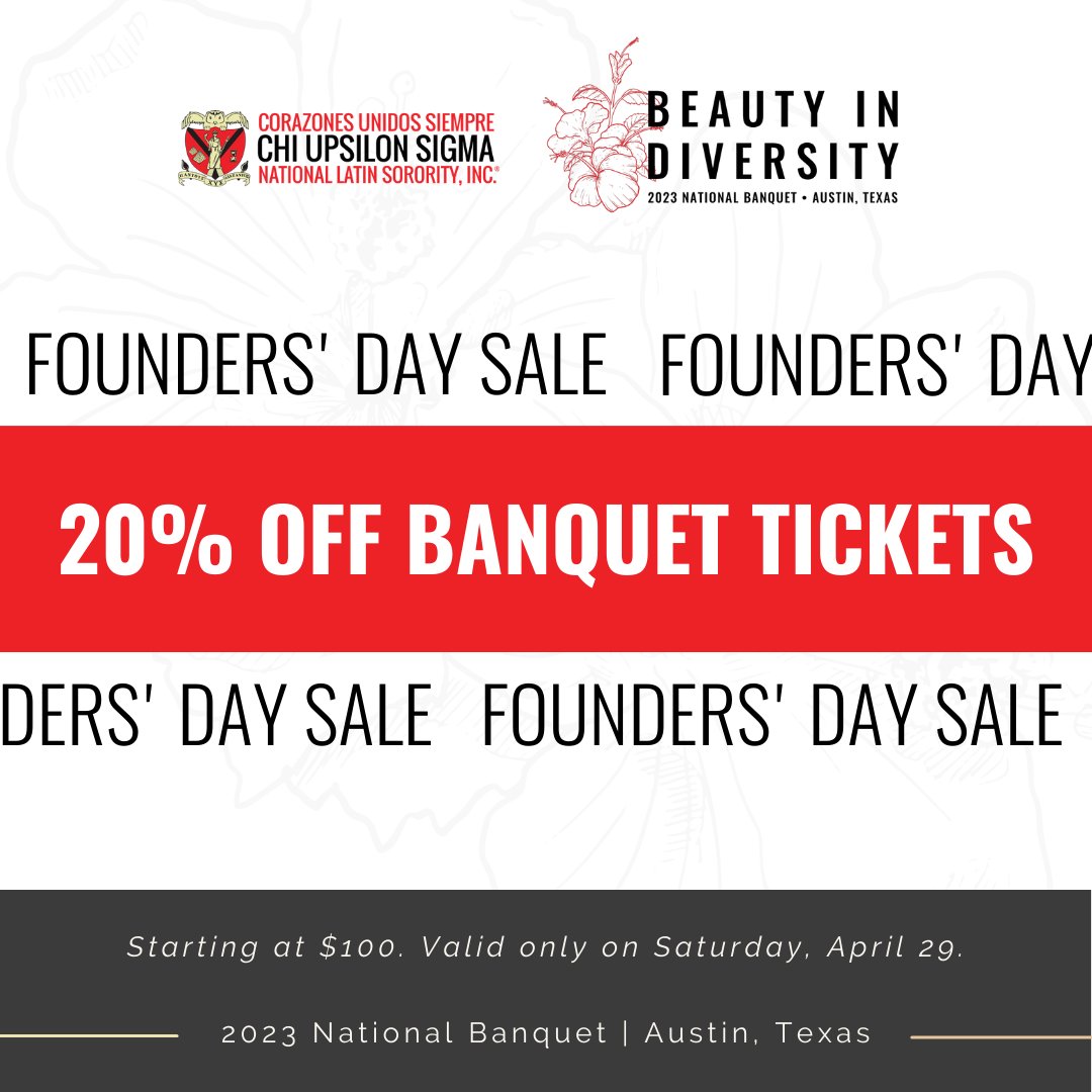 CUS_NatlEvents's tweet photo. Happy Founders' Day! 🌺Banquet tickets are 20% off. Let's continue our Founders' Day celebration on Saturday, June 24 at our Nation Banquet in Austin, Texas, CHI-HOOT!

Purchase your ticket at https://t.co/qSDsdyEPqL 

20% discount is only valid on Saturday, April29. https://t.co/BLCpmNoA9r