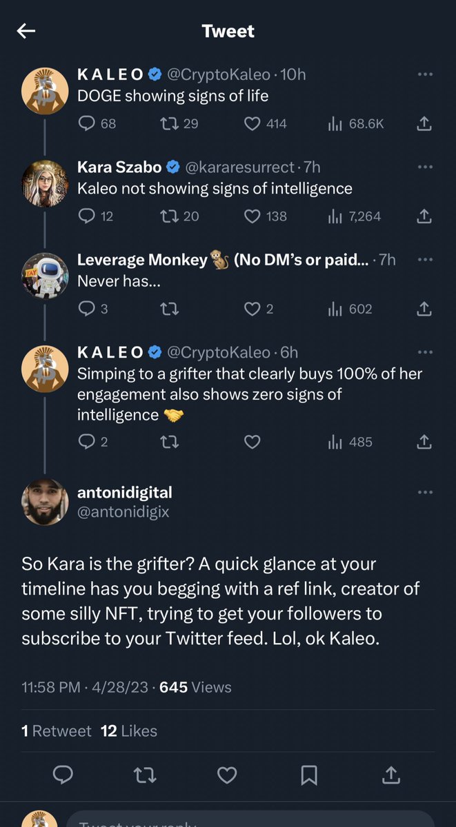 CryptoKaleo's tweet image. Lmfaooo people are out here controlling multiple accounts buying likes &amp;amp; RTs and then replying to themselves in the comments, but still stupid enough to leave receipts.

1st account bio: Queen of Crypto Twitter 👑
2nd account bio: Former boxer turned crypto investor 

Both: Kara