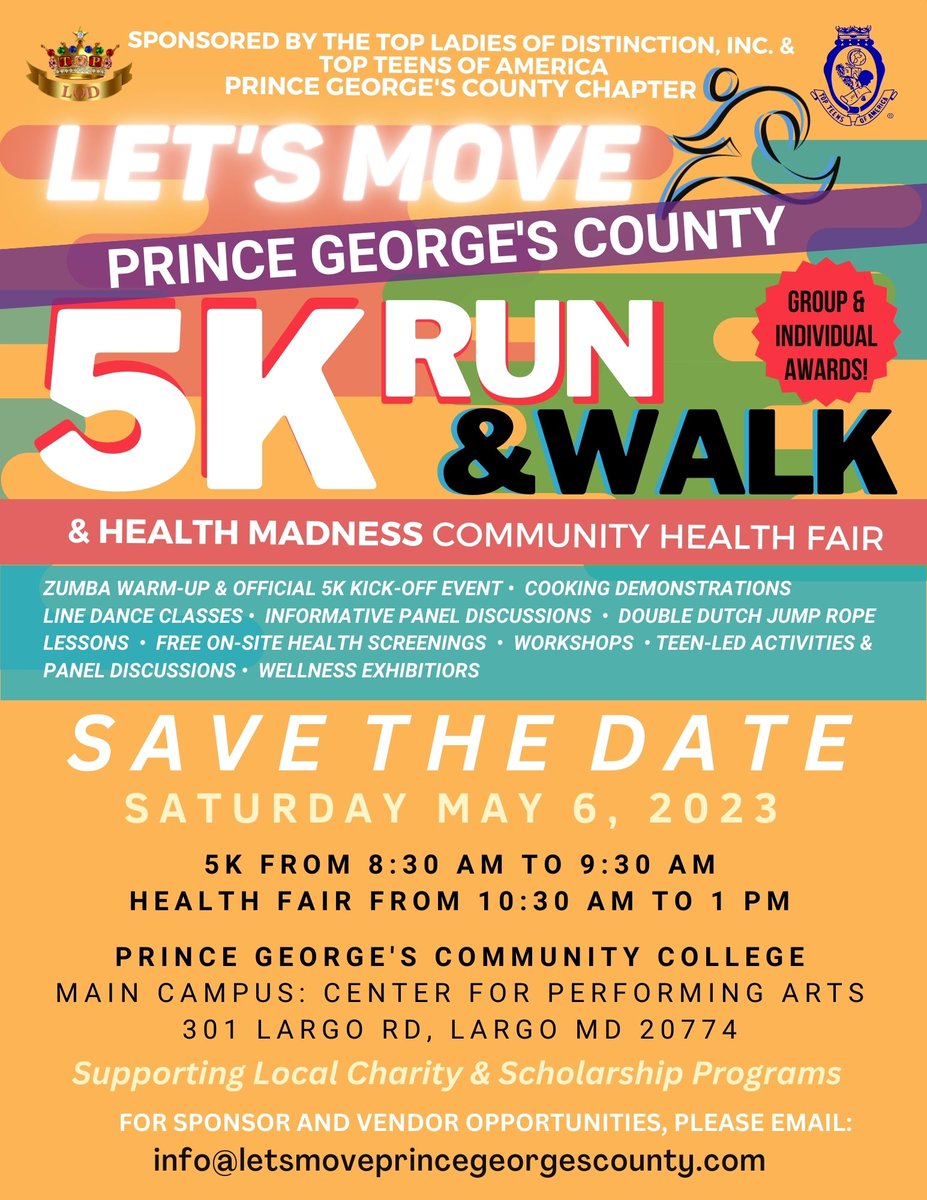 pgcfec's tweet photo. 5K and Community Health Fair happening Saturday, May 6, from 8:30 am - 1 pm at the Prince George's County Community College

This event is sponsored by Top Ladies of Distinction Inc. &amp; Top Teens of America Prince George's County Chapter https://t.co/OFUdELMyZq