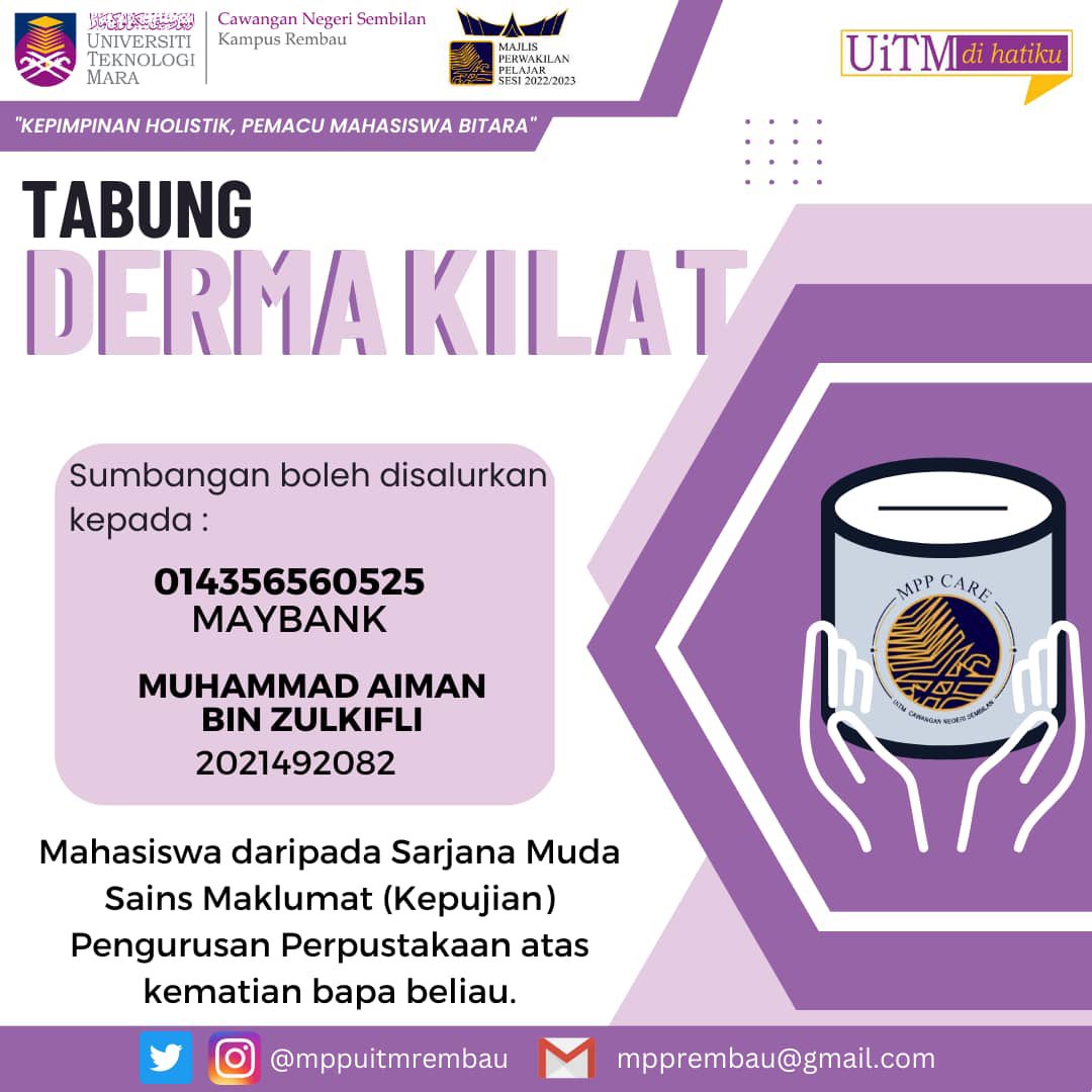 MPPUiTMREMBAU_'s tweet photo. Assalamualaikum wbt,
Salam Sejahtera,
Salam UiTM DiHatiku,
Salam Malaysia MADANI.

KHAMIS | 20 APRIL 2023 | KEBAJIKAN 

SUMBANGAN DERMA KILAT https://t.co/3wdY1yjlUX
