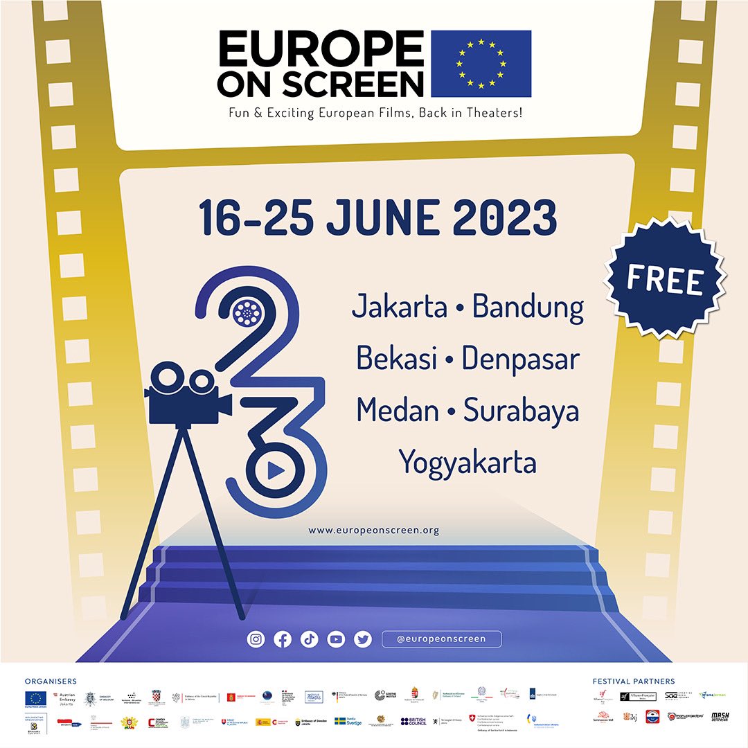 Europe On Screen kembali digelar tahun ini!!
.
Festival yang menayangkan film-film pilihan dari benua biru ini akan hadir tanggal 16-25 Juni 2023 di Jakarta, Bandung, Bekasi, Denpasar, Medan, Surabaya, Yogyakarta. 

Detail program dan film dalam #EoS2023 🎉 menyusul segera ~