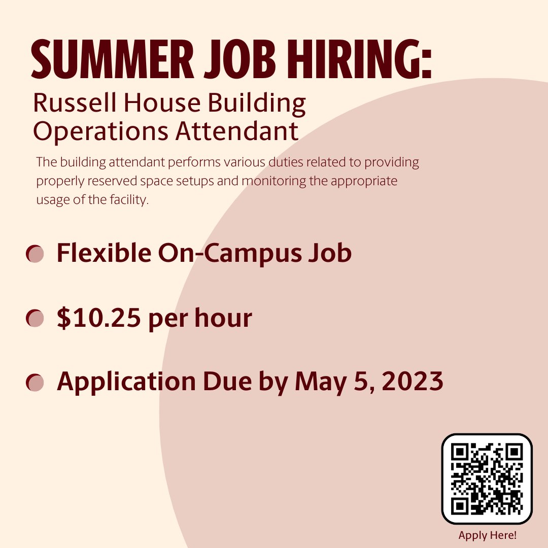 Need a summer job? 

Russell House is looking for an operations attendant for the summer! 

Apply on Handshake or scan the QR Code!