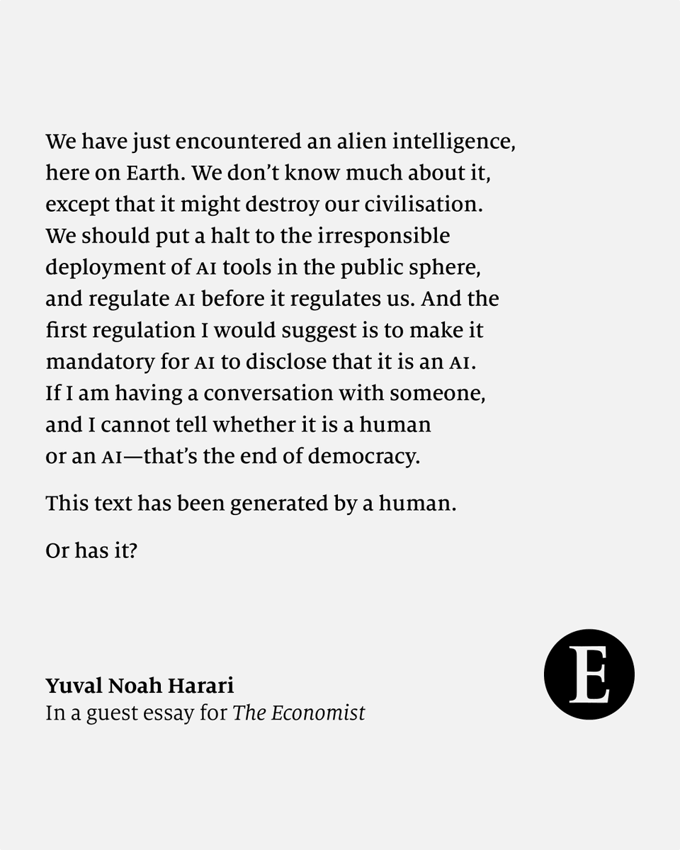 Artificial intelligence has hacked the operating system of human civilisation, argues <a href="/harari_yuval/">Yuval Noah Harari</a> in a guest essay. Read why the philosopher and historian believes that storytelling computers will change the course of human history: econ.st/40MEMbe