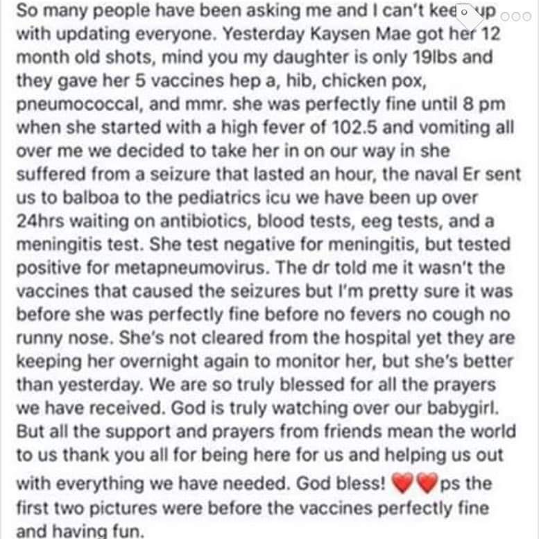 This 1 year old little girl got her 12 month vaccines. That night started vomiting, had high fever and an hour long seizure. Doctor says: Not Caused by Vaccines. This is what happens. Vaccine injury denial. This is why injuries are not often reported. This is why most parents