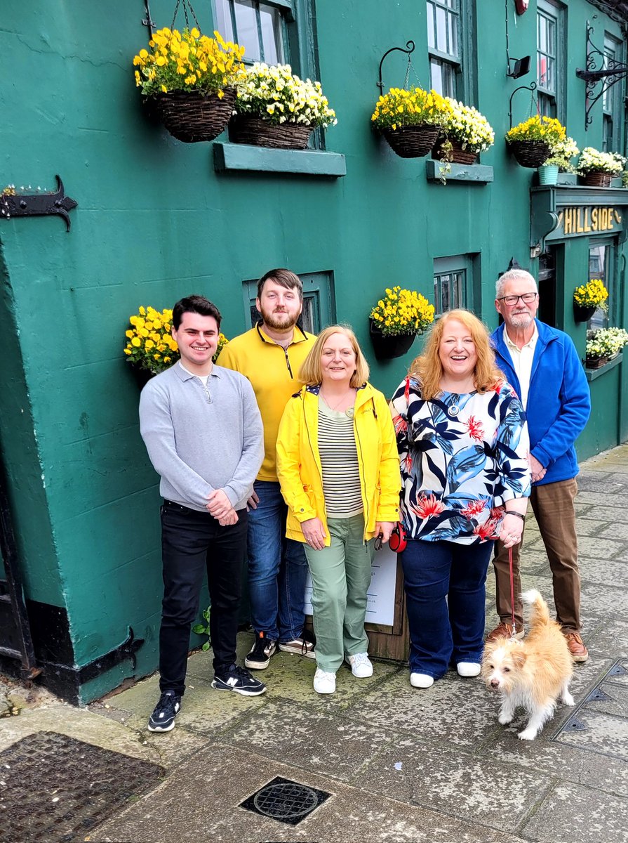 CllrMichaelLong's tweet photo. Stop 2 of  @naomi_long tour in Hillsborough at the Hillside.
Visiting our Downshire East &amp; West candidates.
In West with Owen Gawith &amp; @thompson_gretta along with Downshire East team of @kurtis_dickson &amp; @AaronMcIntyre_ 
Real chance of gain in both.
Even better, Daisy allowed in https://t.co/V3w9A4tG3J