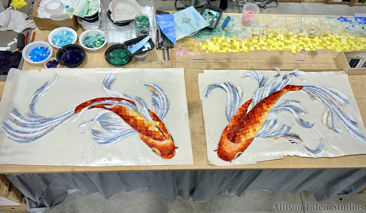 First there was one fish now there are two fish- the first seemed so lonely- glad he has company :-) Stained glass mosaic work in progress at Allison Eden Studios in Brooklyn. #stainedglass #mosaic #koifish #pooldesign #design #glassart #sealife #aquaticscene #MadeInNYC
