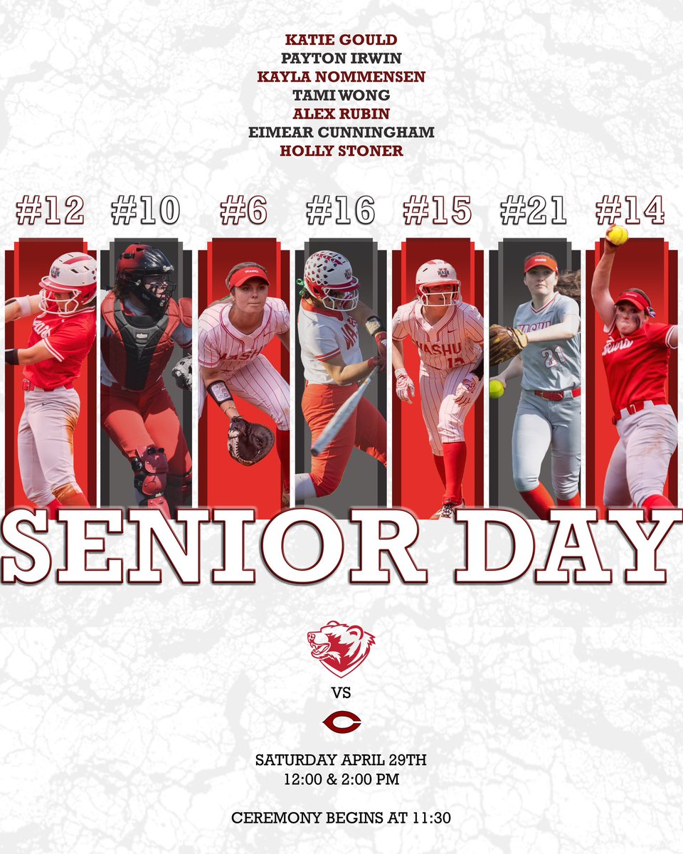 WASHUSoftball's tweet photo. Today is Senior Day! ❤️ 

Help us celebrate our wonderful 7 seniors at WU Softball Field. Ceremony begins at 11:30 am! https://t.co/qq2QCFNsA0