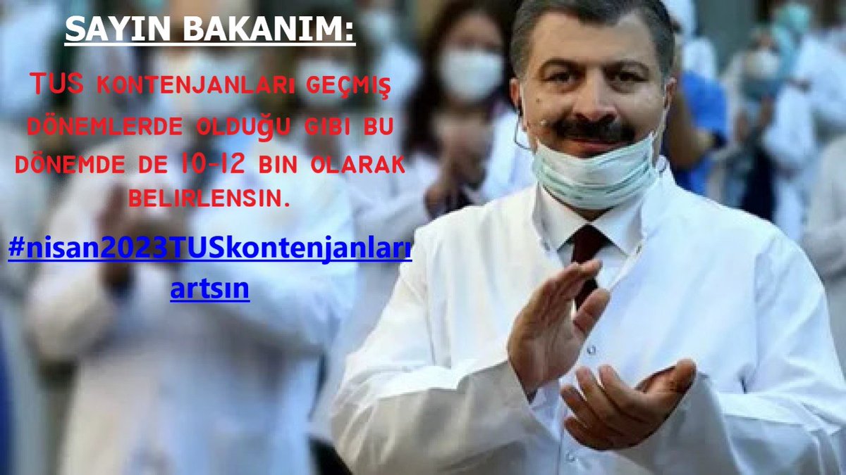 <a href="/drfahrettinkoca/">Dr. Fahrettin Koca</a> #nisan2023TUSkontenjanlarıartsın <a href="/SbhttnAydin/">Sabahattin Aydın</a> <a href="/OSYMbaskanligi/">ÖSYM</a> <a href="/saglikbakanligi/">T.C. Sağlık Bakanlığı</a> <a href="/tcbestepe/">T.C. Cumhurbaşkanlığı</a> hekimlerin iş yükünün azaltılması uzman sayısının arttırılması için bahar tusunda en az 10 bin kontenjan talep ediyoruz