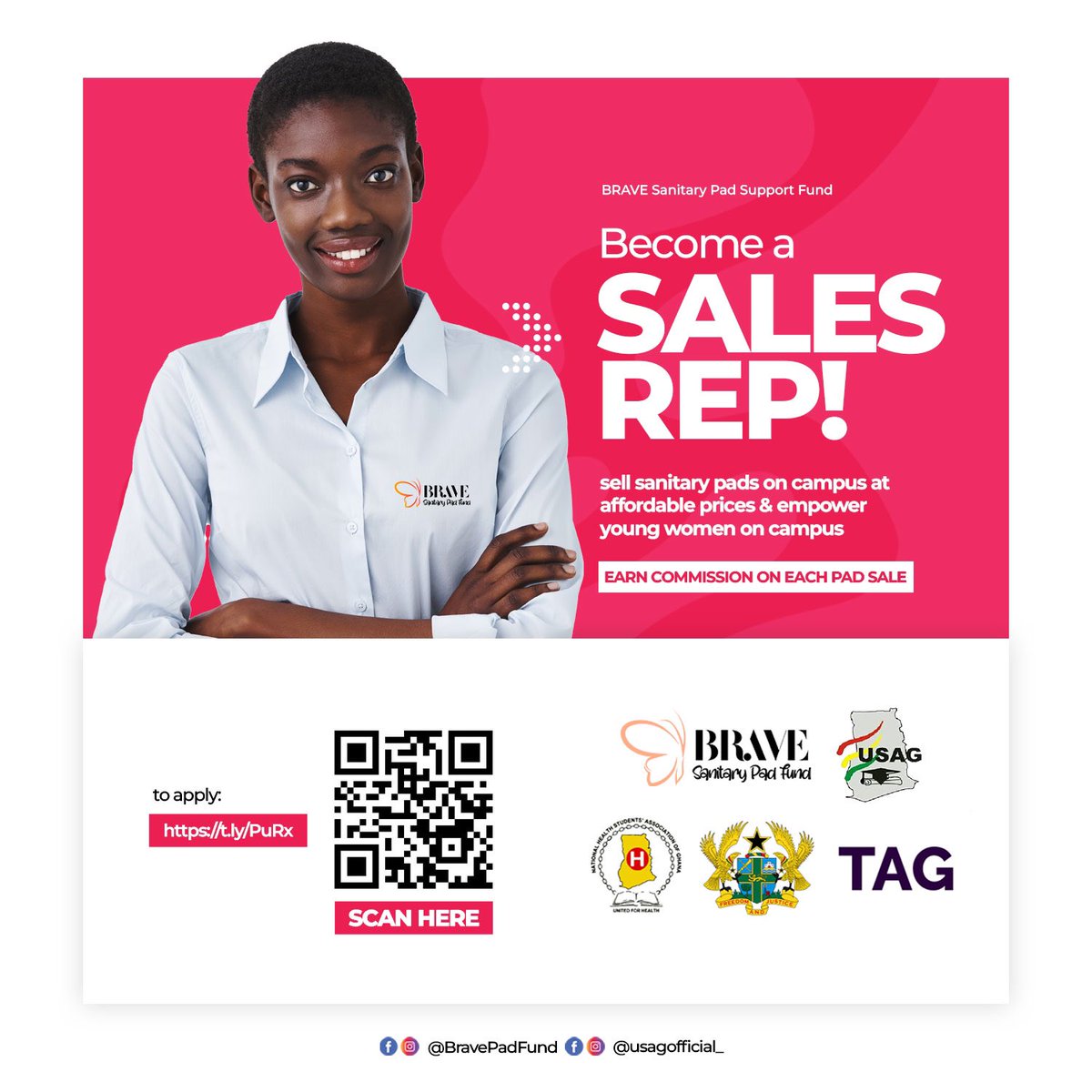 BravePadFund's tweet photo. 📣PASSIONATE INDIVIDUALS WANTED (M/F)! Join us as a sales rep to empower girls thru menstrual hygiene support.💪
💰Earn commission &amp; contribute to a meaningful cause-help’g underprivileged girls access sanitary pads &amp; education. 
👩🏾‍🎓👨🏾‍🎓5 REPS/CAMPUS!
🔗Apply https://t.co/2mDDUrNKSy https://t.co/l69dLSBLan