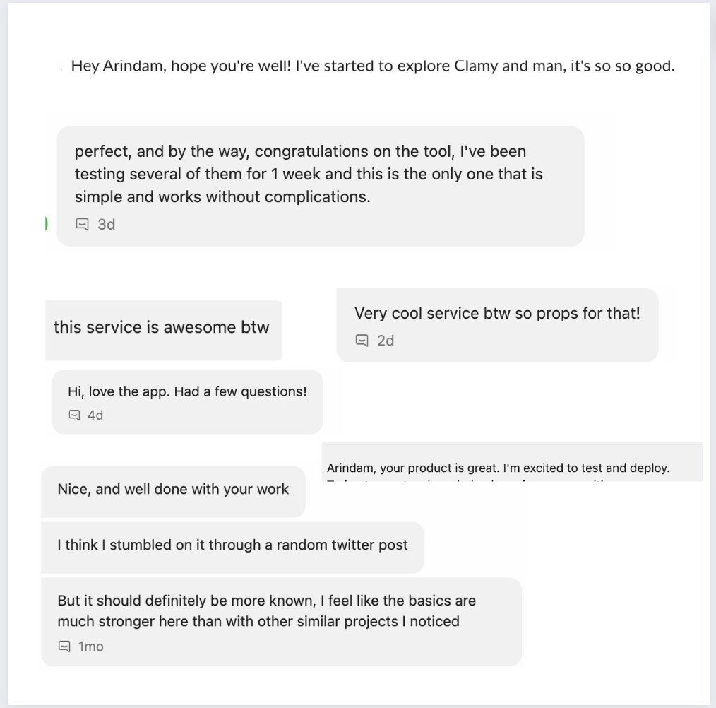 Going through some of the conversations with <a href="/clamy_ai/">Clamy</a> users and it's always nice to hear good feedback