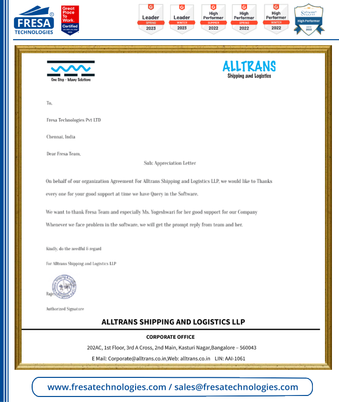 fresatechnology's tweet photo. Dear Fresa Team, 
On behalf of our organization Agreement For Alltrans Shipping and Logistics LLP, we would like to Thanks 
every one for your good support at time we have Query in the Software. 

#fresa #fresagoldsoftware #Client_Appreciation #goodsupport #Alltrans https://t.co/ariBJp3cgj