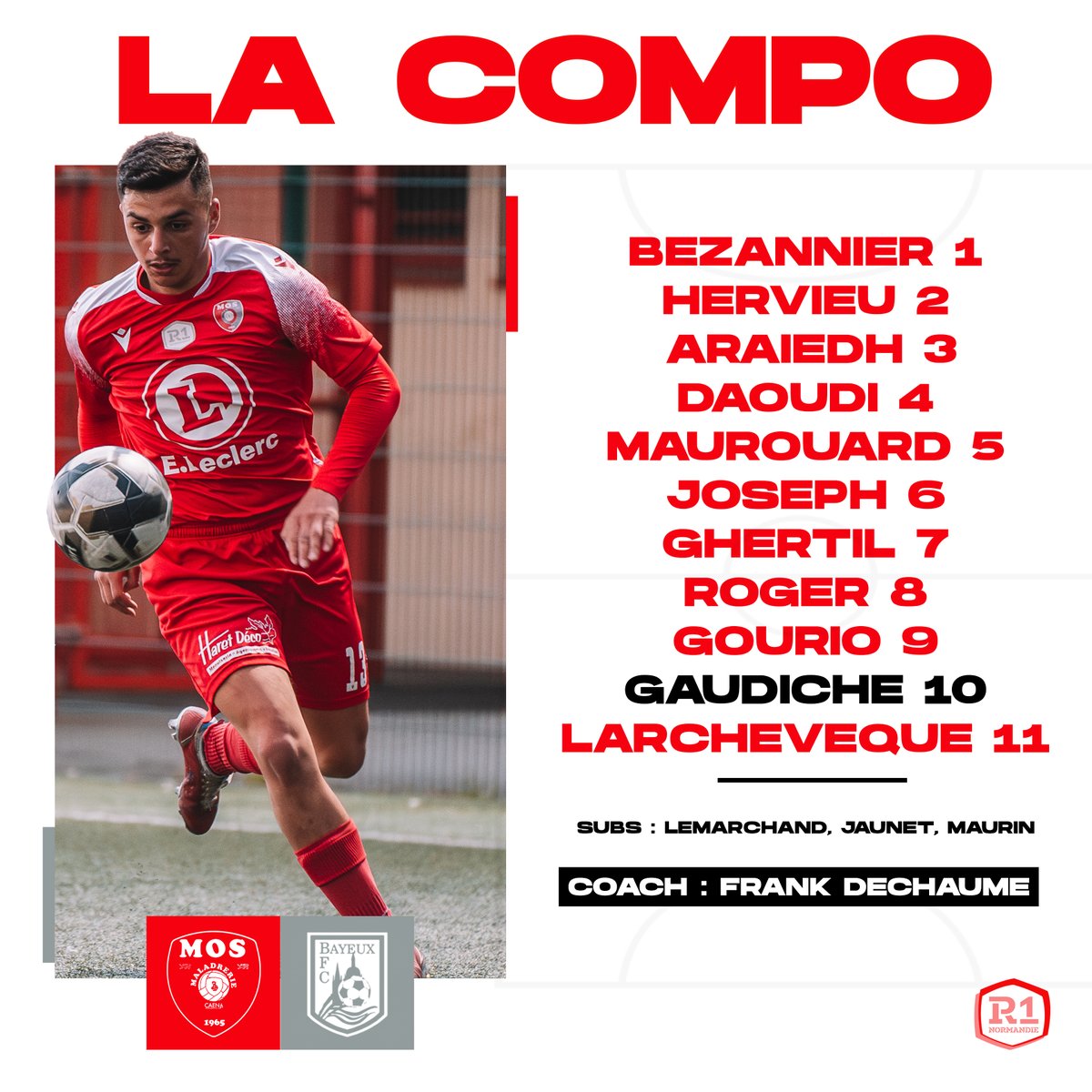 MaladrerieCaen's tweet photo. LA COMPO 1️⃣1️⃣

Dhiaeddine de retour de suspension et Djilani titulaire. Rendez-vous dans une heure à Déterville ⚔️

#MOSBFC #R1Normandie https://t.co/neJTIEGVke