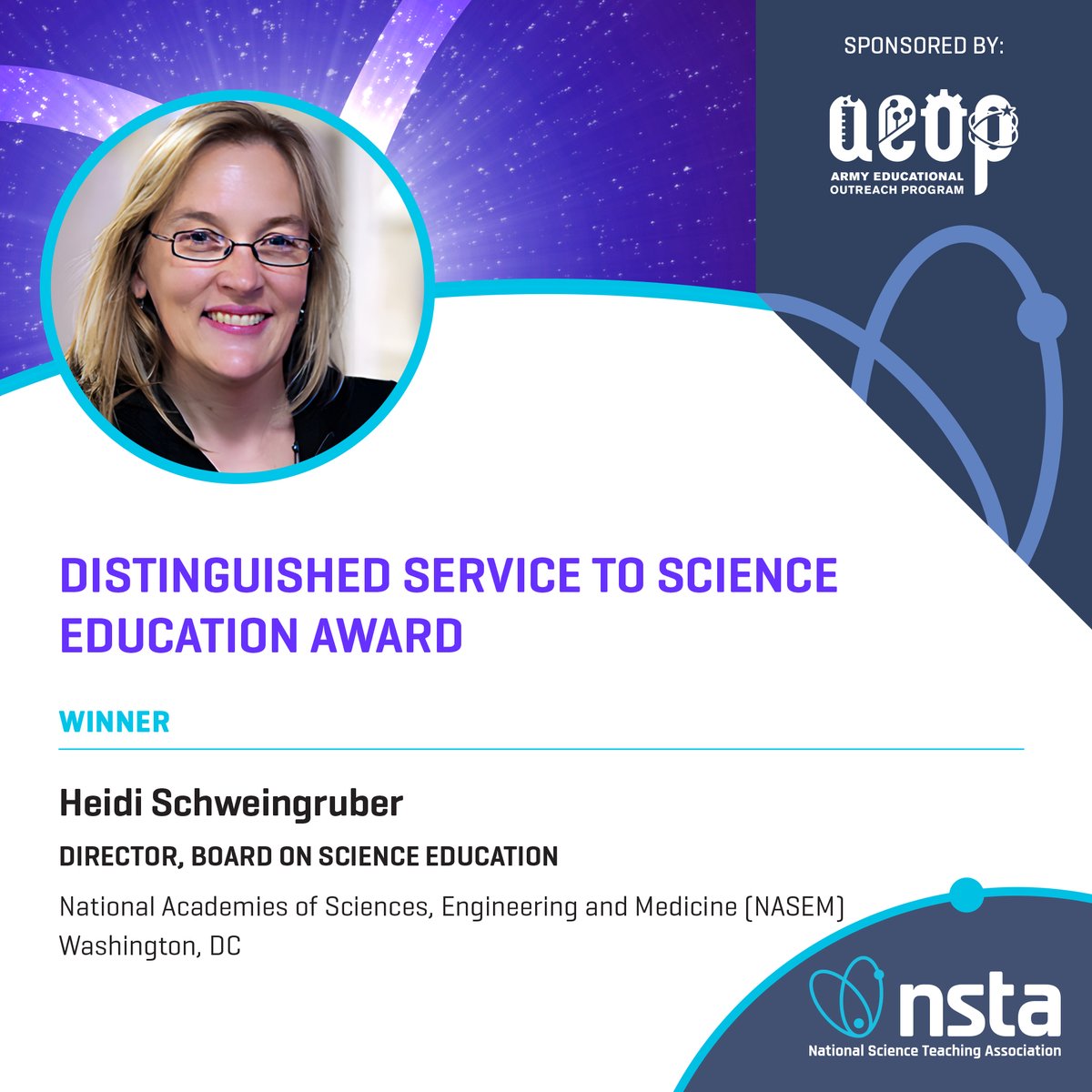 Congratulations to the winner of the #NSTA Distinguished Service to Science #Education Award, Heidi Schweingruber, director of the Board on Science Education @theNASEM. The award, sponsored by @AEOP, was presented to Heidi last month at #NSTA23 Atlanta. 🥳🥳 #STEM #Teacher