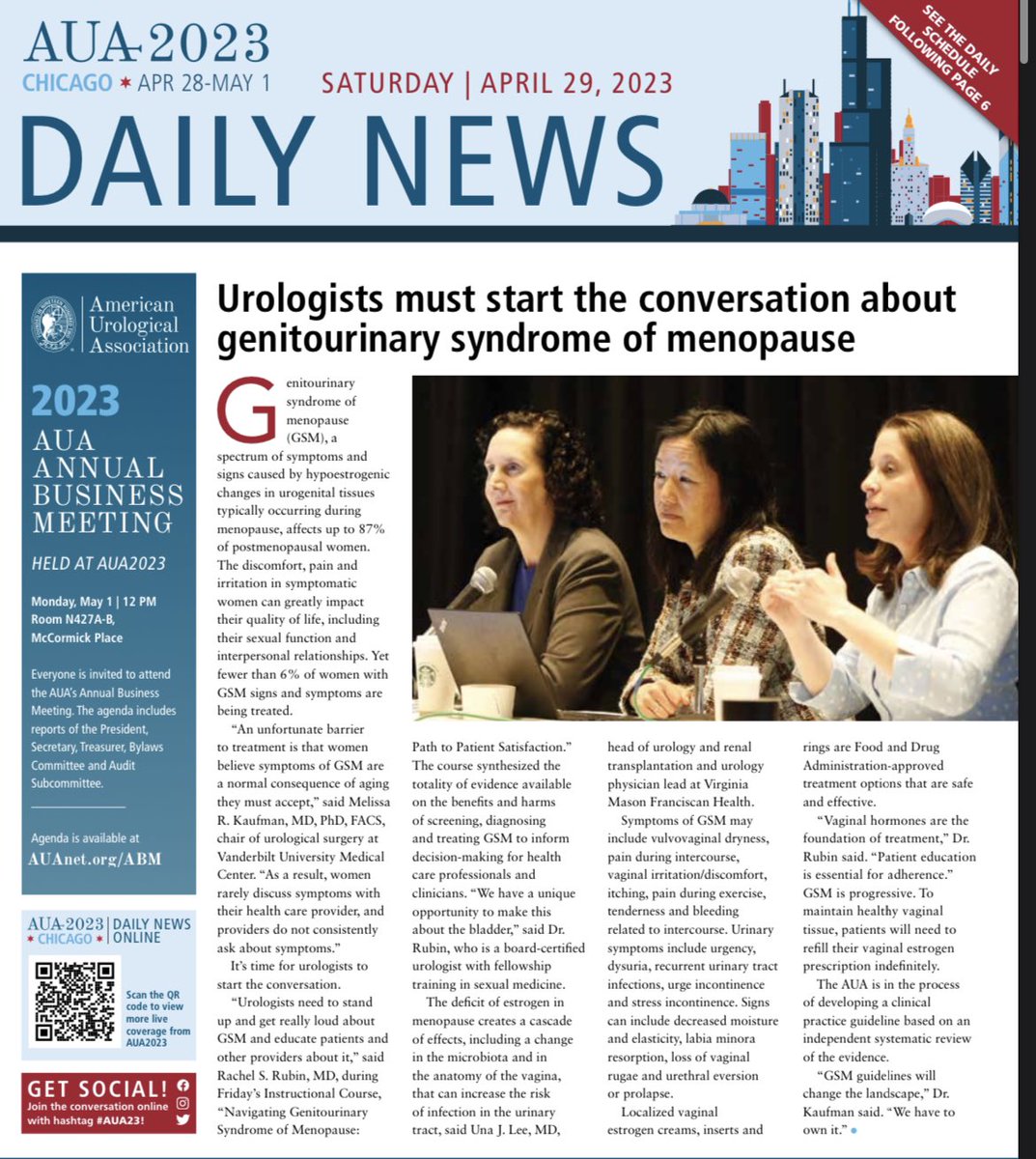 <a href="/drrachelrubin/">Rachel S. Rubin, MD</a> <a href="/Dr_UnaLee/">Una Lee</a> making the front page of #auanews at #AUA23 for their course on GSM. 

Paradigm shifts with focus on #Menopause and #WomensHealth - long overdue! Congrats. 

#SMSAUA23 <a href="/AmerUrological/">Amer. Urol. Assn.</a> <a href="/SMSNA_ORG/">SMSNA</a>