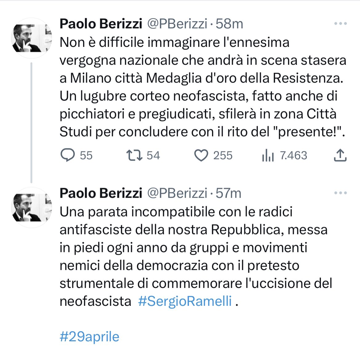 Credo che per descrivere al meglio @PBerizzi basti quel “neofascista #SergioRamelli”

#29aprile