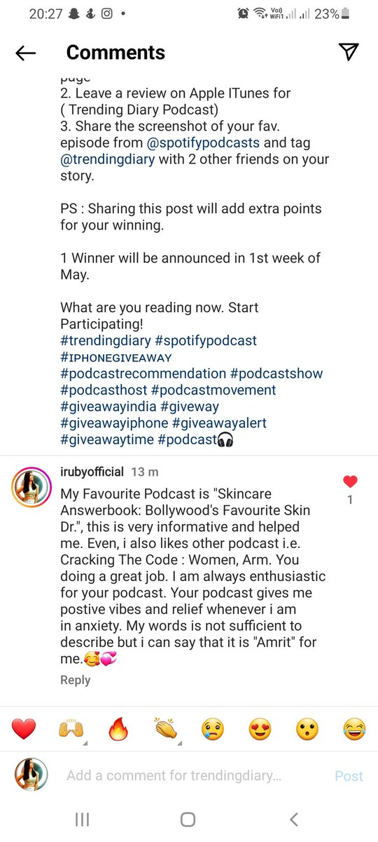 irubyofficial's tweet photo. @Priya24Sachdeva @DiaryTrending Here is my entry on instagram and i have shared my favourite podcast on my Instagram Story.

Thanking you Ma'am for "Amrit" podcast. 😍❤️ https://t.co/8TA1CnxH6M