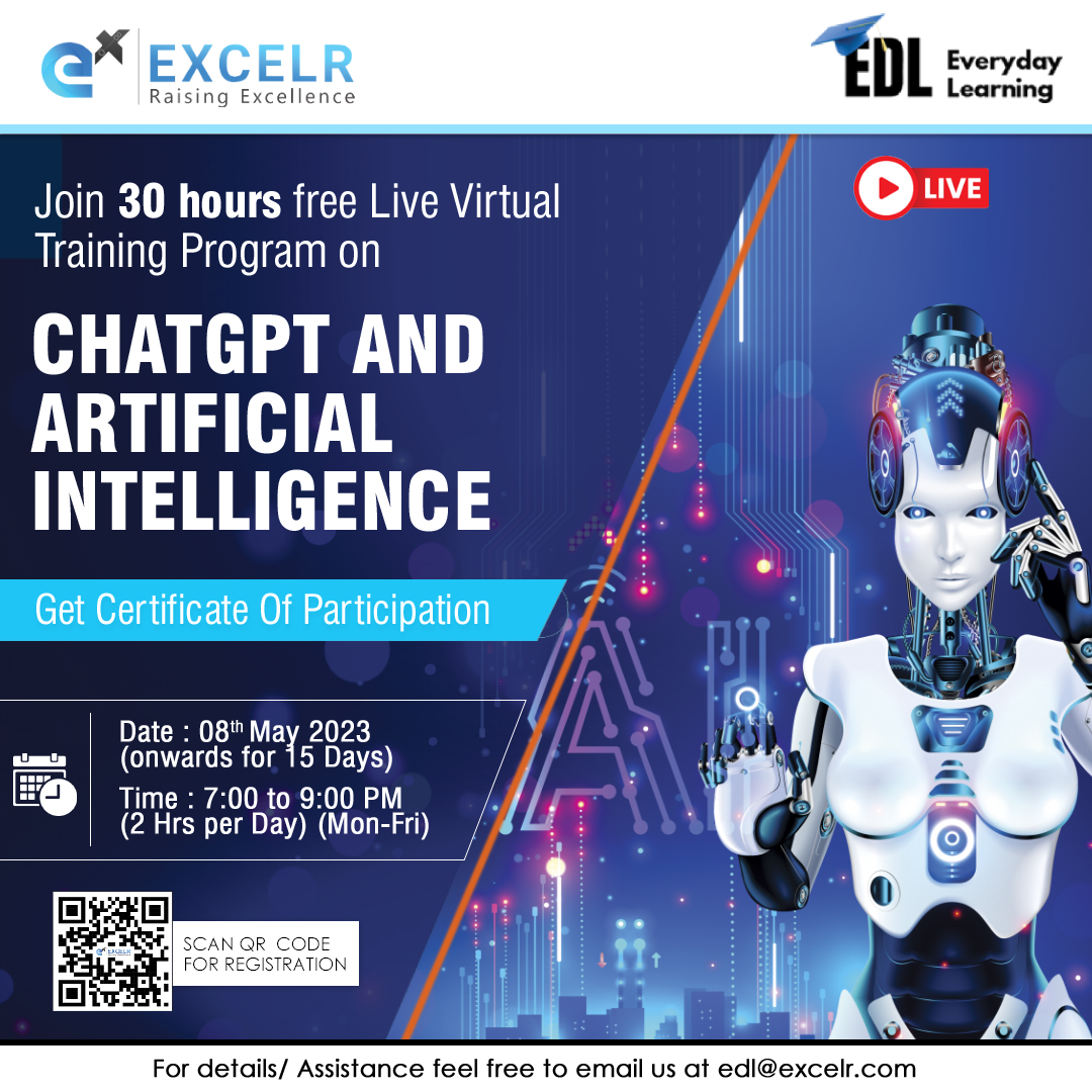 ExcelR_Official's tweet photo. Attend ExcelR's upcoming "Every Day Learning Program" (EDL) Program on ChatGPT and Artificial Intelligence and get a participation certificate for free!

📝 Registration form: https://t.co/ed1xtiTiwU 

#ChatGPT #ai #openai #EDL #certificationtraining #livevirtualtraining #excelr https://t.co/232tM40jUY