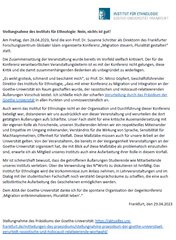 Nein, nichts ist gut!

Stellungnahme vom Institut für Ethnologie der <a href="/goetheuni/">Goethe-Universität</a> zu den Ereignissen auf der von Susanne Schröter organisierten Tagung zum Thema Migration 

uni-frankfurt.de/136463135/2023…

@whittacat 
<a href="/SozKultAnthro/">DGSKA</a>