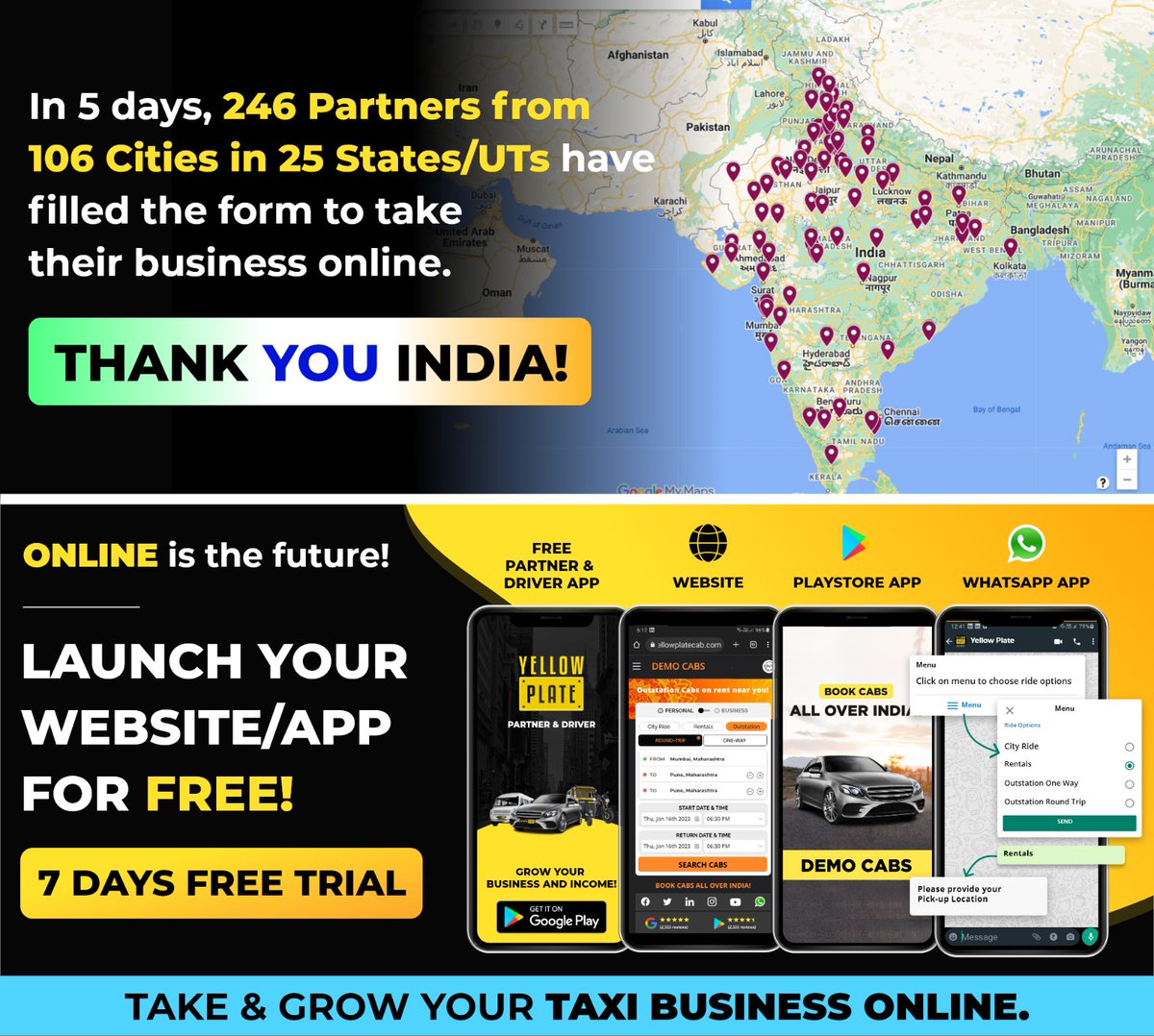 yellow_plate's tweet photo. Yellow Plate is on a mission to help vendors in the taxi business take &amp; grow their business online.

#YellowPlate #taxi #Startup #DigitalIndia #tour #travel #carrental #startups #india #entrepreneur #digitalplatforms #saas #tech #marketplace #network #India #online #future https://t.co/SZEKEYWVGx