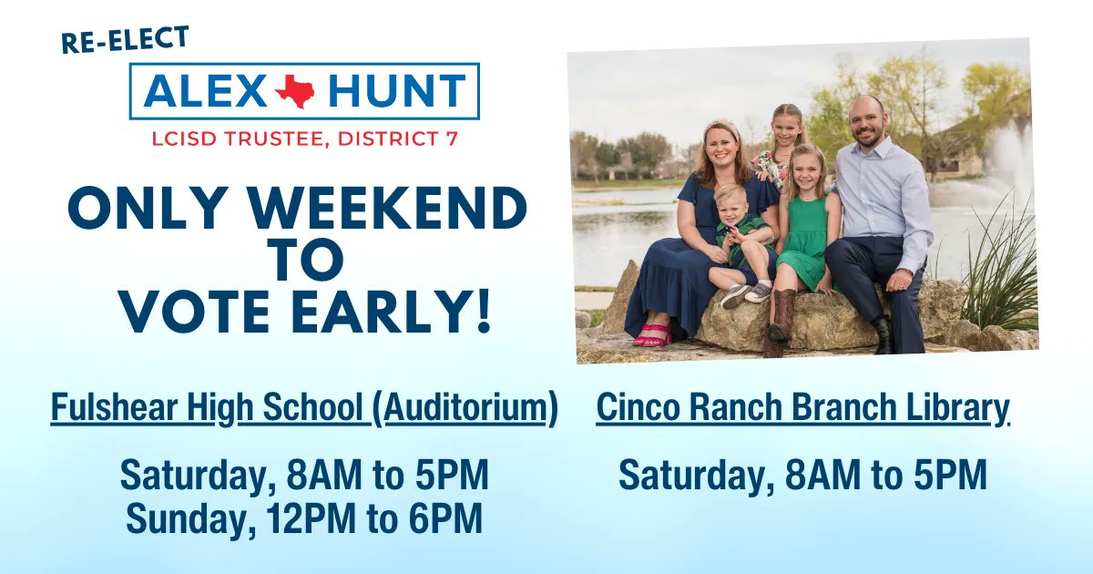AlexHuntTX's tweet photo. Polls are open this Saturday &amp; Sunday! You can vote @ Fulshear HS or Cinco Ranch Branch Library.

Let's keep:
☑️ BUILDING MORE SCHOOLS in Purple Track
☑️ MAKING SCHOOLS SAFER - An officer on every elementary this August
☑️ LOWERING TAXES - we've lowered taxes 10+% in 4 years. https://t.co/NVtm84tIZY