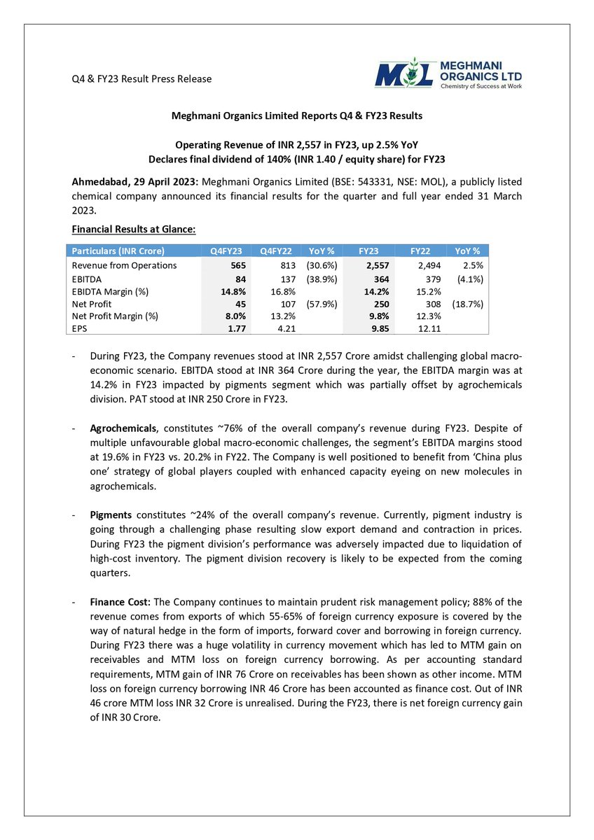 MeghmaniO's tweet photo. Meghmani Organics Limited announces Q4 and FY 23 Results- Press Release. https://t.co/VqHiJvYcqm