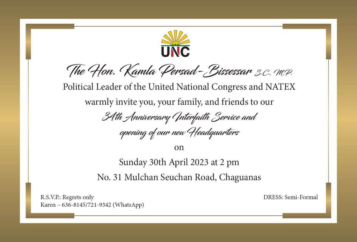 Ravi_Ratiram's tweet photo. On Sunday 30th April 2023, all roads lead to the launch of our new UNC Headquarters on Mulchan Seuchan Road, Chaguanas, for our 34th Anniversary Celebration / Interfaith Service from 2pm. You are invited to join us. https://t.co/ALkcoA8xbe