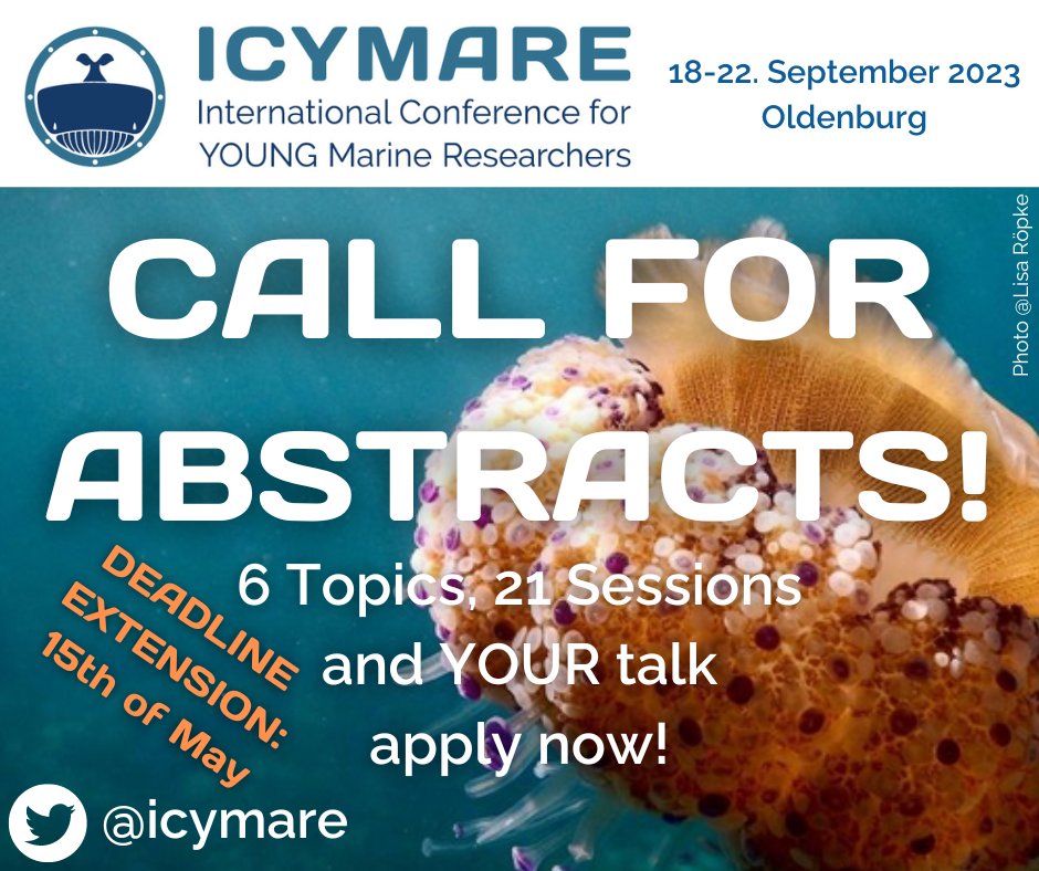 ICYMARE (@icymare) on Twitter photo ATTENTION EARLY CAREER MARINE SCIENTISTS!🐟
We are extending our Abstract submission deadline two weeks until the 15th of May! Check out our sessions on our website and hand in your abstract today! #ICYMARE2023 #CallForAbstracts #marinescience
icymare.com/conference/cal… ATTENTION EARLY CAREER MARINE SCIENTISTS!🐟
We are extending our Abstract submission deadline two weeks until the 15th of May! Check out our sessions on our website and hand in your abstract today! #ICYMARE2023 #CallForAbstracts #marinescience
icymare.com/conference/cal…