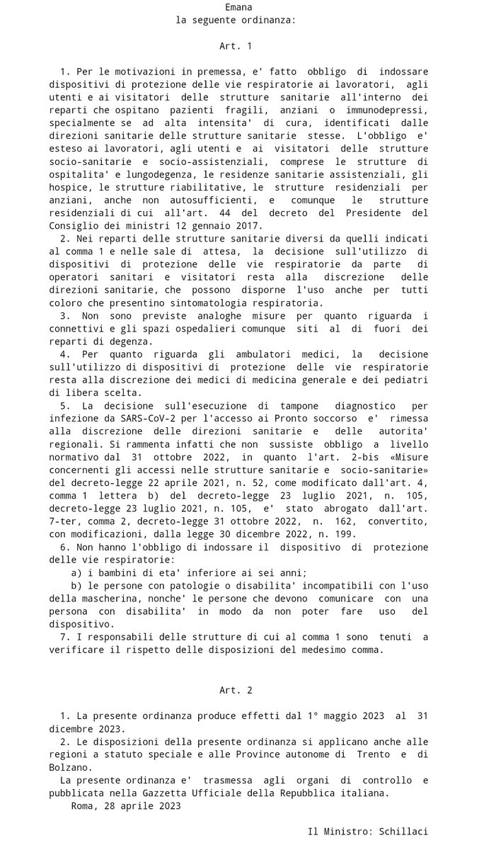 dottorbarbieri's tweet image. 🔴😷 PUBBLICATA IN GU ORDINANZA MINISTRO SALUTE SU OBBLIGO MASCHERINE

L'obbligo è ampliabile a discrezione delle Direzioni sanitarie, fatti salvi luoghi non di degenza (es.: Bar interni).

Stessa discrezione circa i tamponi.