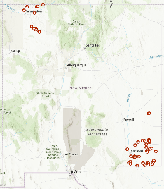 350NM's tweet photo. Map of illegal venting and flaring in @wildearthguard report and notice to @GovMLG . Violators include Hilcorp, DJR, Chevron, Marathon, because of course. @ProgressNowNM @RioGrandeSierra @ProtectNM https://t.co/MkWB0BMchj