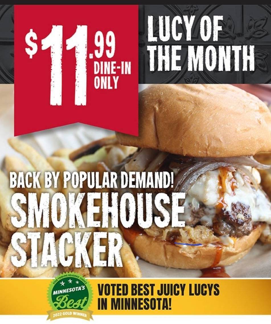 Last call for the April #LucyOfTheMonth! Get the Smokehouse Stacker Lucy before it's gone! Just $11.⁹⁹

#CrookedPintMPLS #juicylucy #limitedtimeoffer
