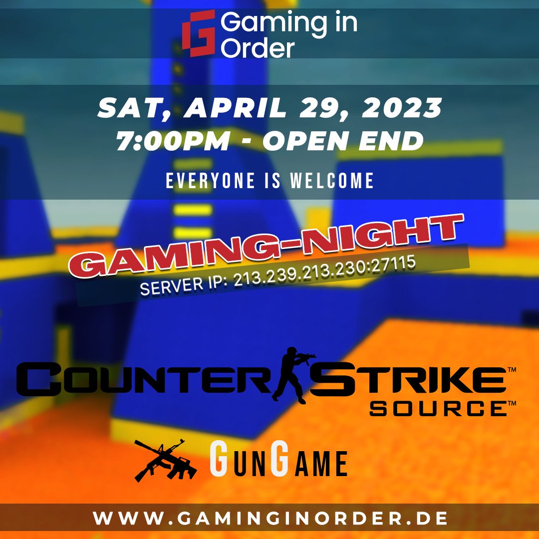 Gaming-Abend heute ab 19:03 Uhr Infos im Sharepic und auf gaminginorder.de/termine/ 

#gaming #leverkusen #CounterStrike #Gamingnight #gamingcommunity #GamingNews