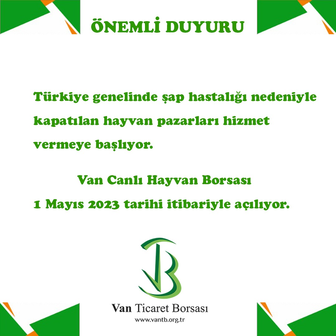 vanticborsa's tweet photo. Van Canlı Hayvan Borsası, 1 Mayıs 2023 Pazartesi günü itibarıyla hizmete açılıyor.
Kamuoyuna saygıyla duyurulur.
@TOBBiletisim @RHisarciklioglu @Nayifsuer https://t.co/AllIAkTj6h