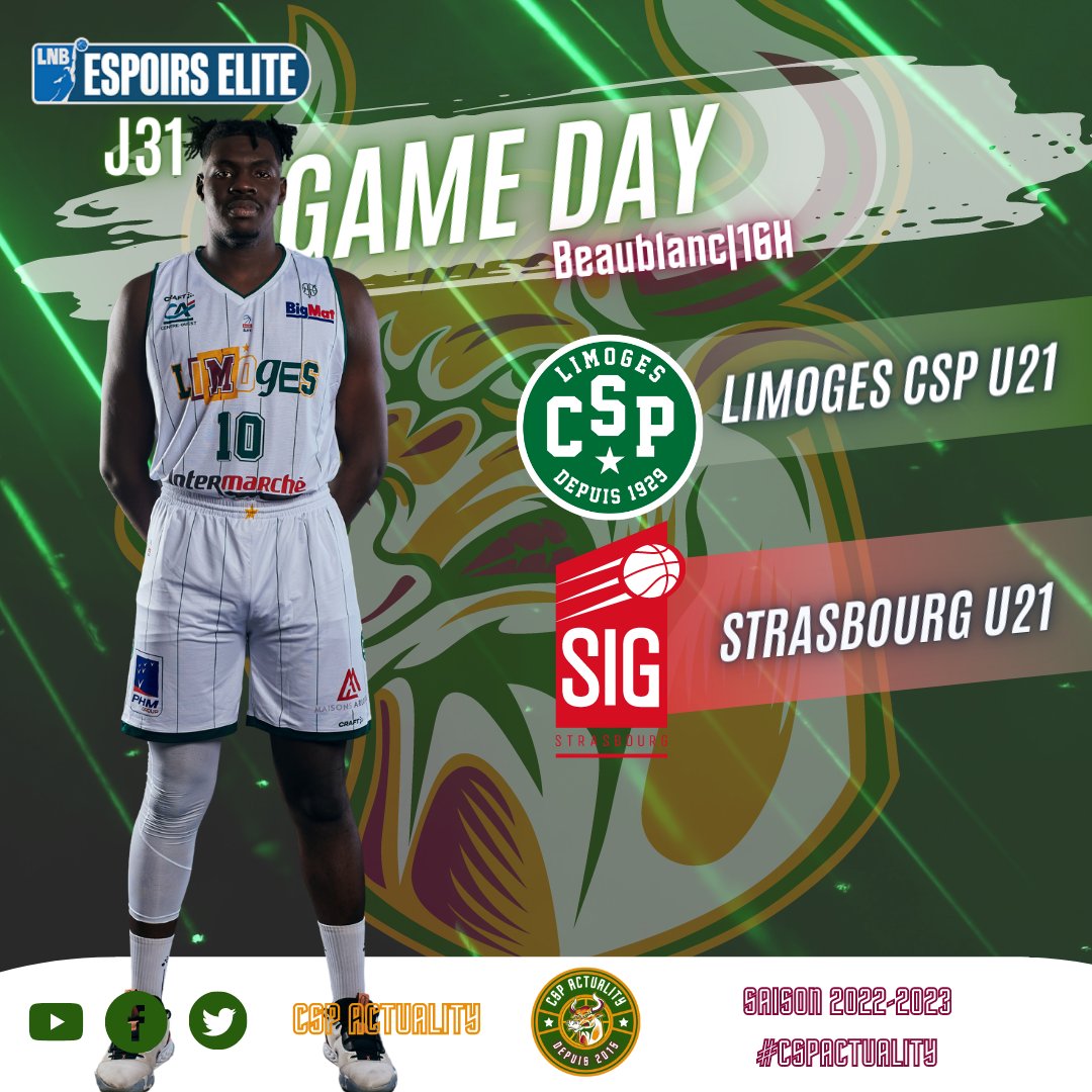 𝙂𝘼𝙈𝙀 𝘿𝘼𝙔 🔥
🏆 Espoirs élite  J31
📍 𝗕𝗲𝗮𝘂𝗯𝗹𝗮𝗻𝗰
🗓️ 16h
🆚 STRASBOURG U21
📺 Youtube 
#BetclicELITE
#LNBExtra
#cspactuality
#csp4ever💚