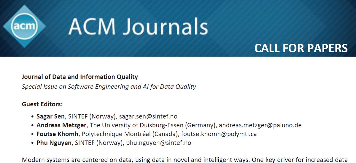 Due to several requests, we have #extended the #deadline for submitting papers to the Special Issue on #SoftwareEngineering and #AI for #DataQuality at <a href="/TheOfficialACM/">Association for Computing Machinery</a> #JDIQ: 30 May 2023. For more info and submission guidelines, please read this #CFP. dl.acm.org/pb-assets/stat…