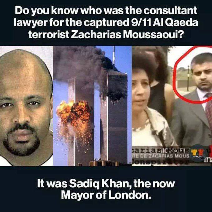 🚨🚨Shit is so fucking crazy and it’s all connected - did you know this? 

Mayor of London, Sadiq Khan was the lawyer of a 9/11 terrorist !!😳