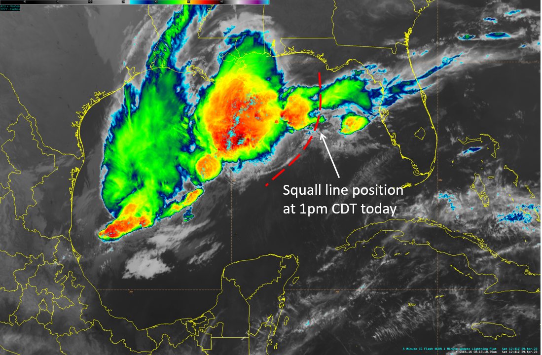 4/29 741am CDT: Strong to #severe #thunderstorms - some of which contain gusts over 50 kt, hail, and frequent #lightning, will move eastward toward the NE Gulf by this afternoon, ahead of a cold front, which is currently over the western #GulfofMexico #marinesafety #marinewx