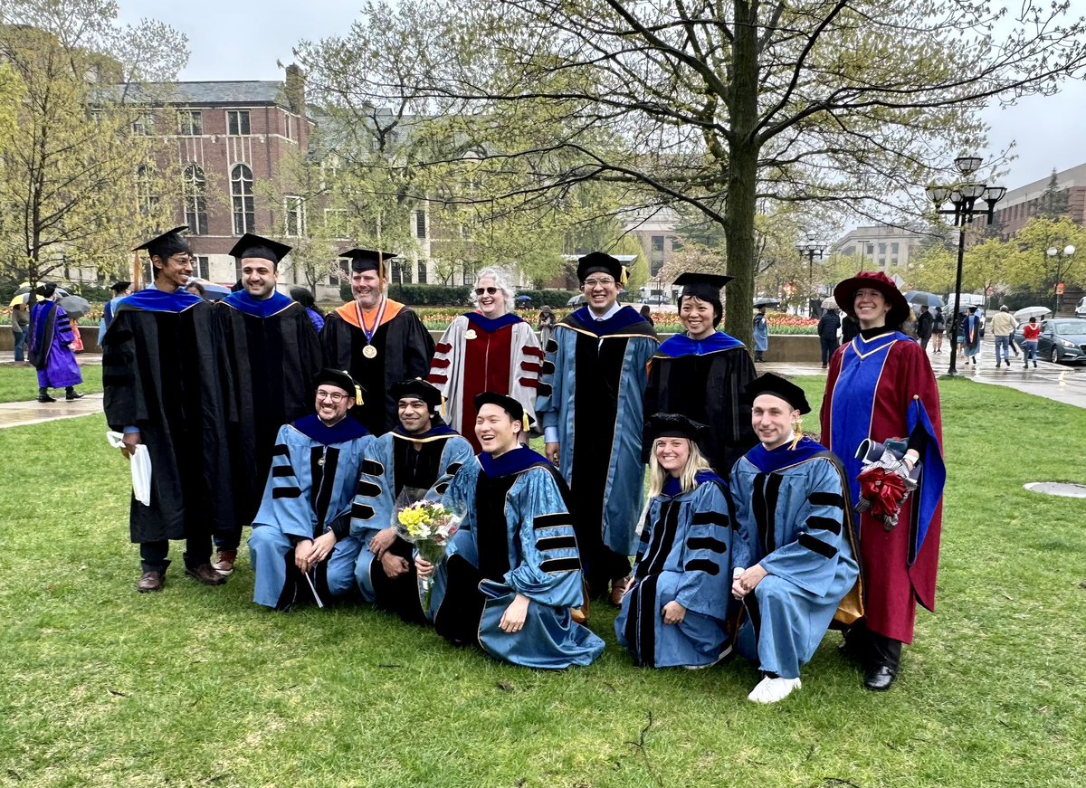 M_Epelman's tweet photo. Rain? What rain? 2023 @umichioe PhD graduates @alejovigo, @danieloteroleon, Rohan Ghuge, @ChungSeokhyun, @KatiMoug, and Luke DeRoos after the Rackham commencement #PhDone https://t.co/iOwy1E3Zdc