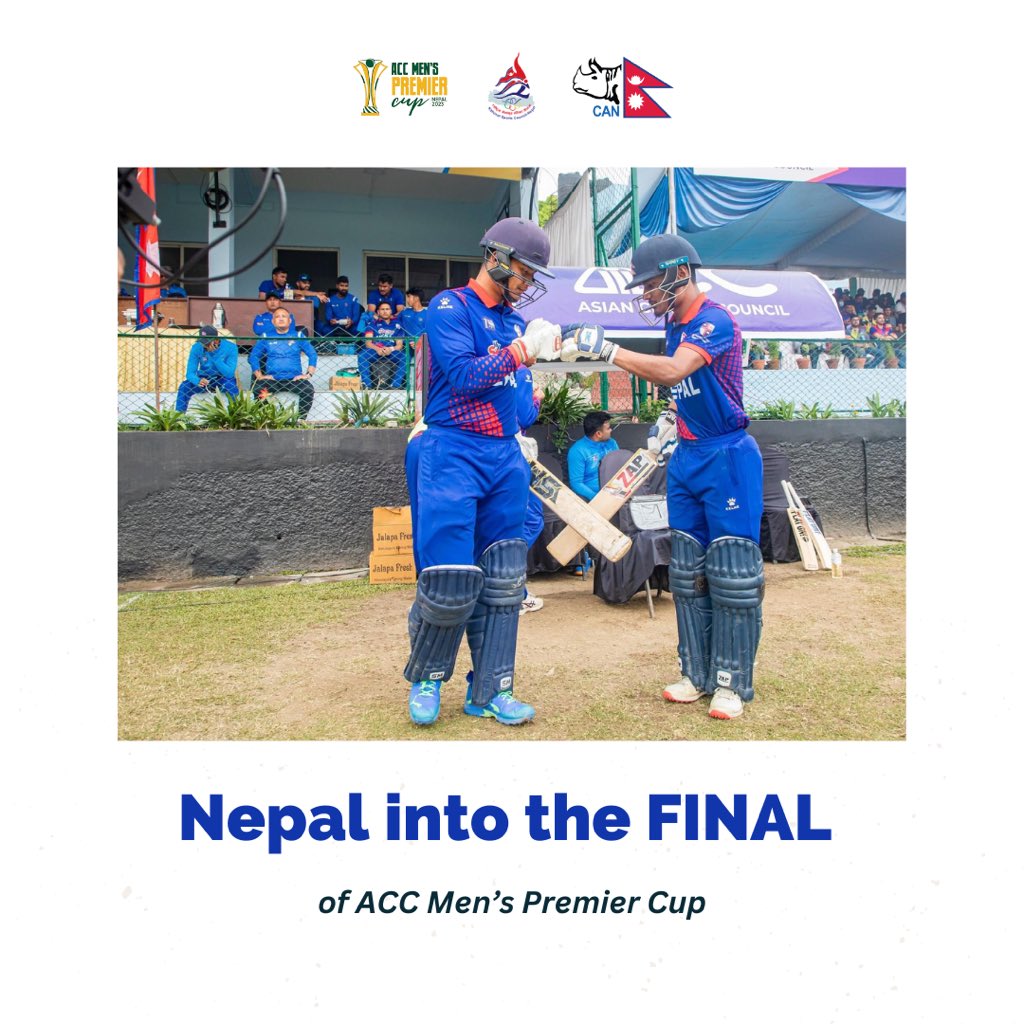 🎉🎉Congratulations to Nepal Men’s Cricket Team!

Nepal has advanced to the final of the #ACCPremierCup after the semi-final against Kuwait ended in a No Result. 

#NEPvKUW | #RoadToAsiaCup | #Cricket #Nepal #nsc