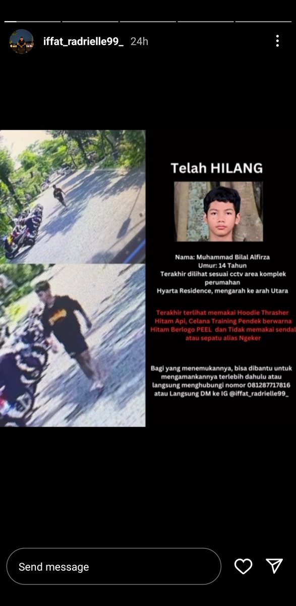 yuliacitr_'s tweet photo. ‼️DICARI‼️
Muhammad Bilal Alfirza
14 th
Melarikan diri dr rumah di daerah Palagan sejak hari Selasa, 25 April 2023.
Ciri-ciri sprti yg tertera pd flyer.
Apabila ada yg melihat atau brtmu dg Bilal, mohon bantuan utk mengamankan &amp; menghubungi nomor yg di flyer.
Terima kasih. https://t.co/Ea7s1v9nEc