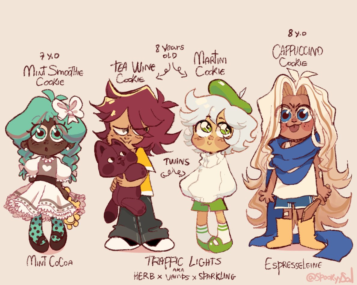 SpookyySal's tweet photo. Hey twt folks, im mostly known in ig for my #CookierunAu so I'll introduce it here too🌼
Its my Family au! Those are all the kids present in the au at the moment (that aren't canon cookies)
The ships are present in the image. (Traffic Lights is a cute name for HerbxSparksxVamps) https://t.co/hn2vvImcMV