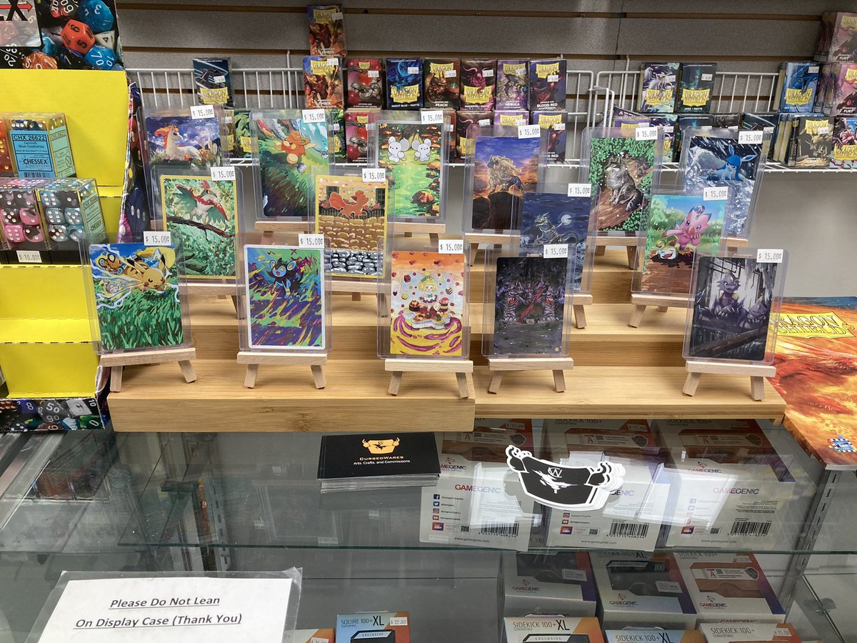 CursedWares's tweet photo. I recently set up shop in a great local business and I couldn’t be happier! 😍 what’s your favorite TCG? 

#paintedtcg #acrylicart #art #Pokemon #yugioh #nerdybusiness https://t.co/u3wErpMUNc