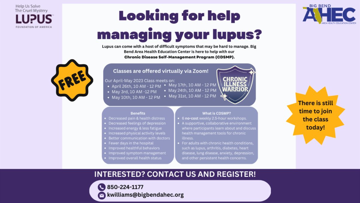 There is still time to join our virtual Chronic Disease Self-Management class!  Call Big Bend AHEC today at 850-224-1177 and register. #FreeClasses #CDSMP #ChronicDisease #AHEC #LUPUS