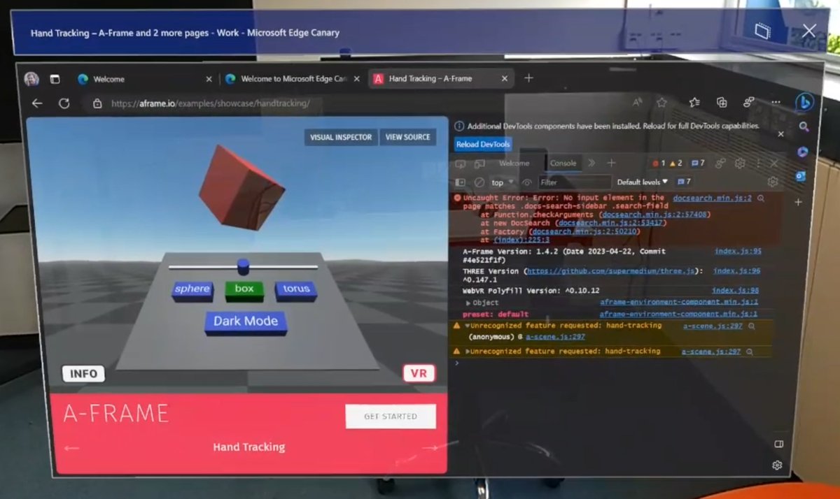 Hand tracking is no longer working in <a href="/MicrosoftEdge/">Microsoft Edge</a> on <a href="/HoloLens/">Microsoft HoloLens</a> (since v109). Many #WebXR experiences are affected (example in <a href="/aframevr/">A-Frame</a>: aframe.io/examples/showc…). <a href="/MSEdgeDev/">Microsoft Edge Dev</a>